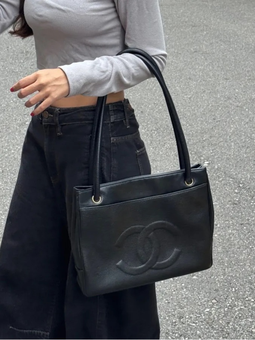 Authentic CHANEL Tote Bag Grained Calf Skin Black Gold CC